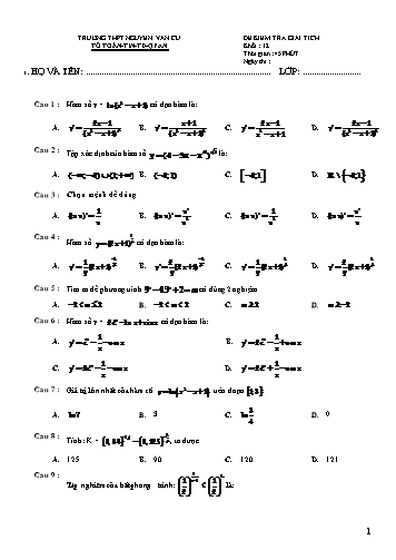 Đề kiểm tra môn Giải tích 12 - Mã đề 111 - Trường THPT Nguyễn Văn Cừ