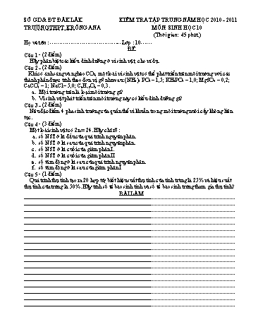 Đề kiểm tra môn Sinh học 10 - Trường THPT Krông Ana (Có đáp án)