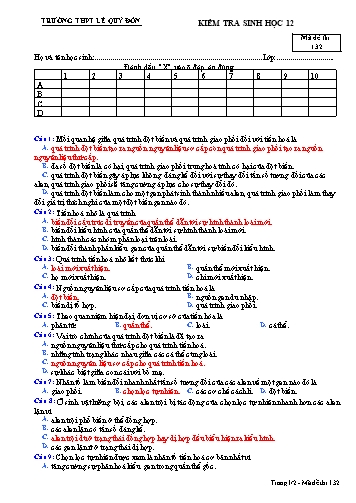 Đề kiểm tra môn Sinh học Lớp 12 - Mã đề 132 - Trường THPT Lê Quý Đôn (Có đáp án) Đề kiểm tra môn Sinh học Lớp 12 - Mã đề 132 - Trường THPT Lê Quý Đôn (Có đáp án)
