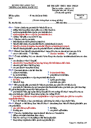 Đề kiểm tra môn Sinh học Lớp 12 - Mã đề 357 - Trường THPT Lê Quý Đôn (Có đáp án) Đề kiểm tra môn Sinh học Lớp 12 - Mã đề 357 - Trường THPT Lê Quý Đôn (Có đáp án)