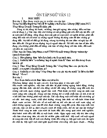 Đề ôn tập môn Ngữ văn Lớp 12 (Kèm đáp án)