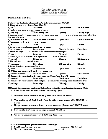 Đề ôn tập môn Tiếng Anh Khối 10 Cơ bản - Unit 9 đến 11