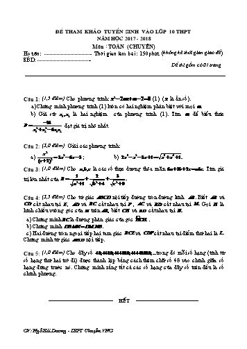 Đề tham khảo tuyển sinh vào Lớp 10 THPT môn Toán (Chuyên) - Năm học 2017-2018 (Có đáp án)