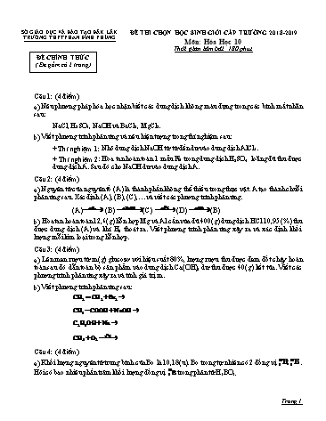 Đề thi chọn học sinh giỏi cấp trường môn Hóa học 10 - Năm học 2018-2019 - Trường THPT Phan Đình Phùng (Kèm đáp án)