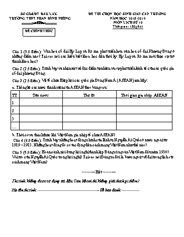 Đề thi chọn học sinh giỏi cấp trường môn Lịch sử 10 - Năm học 2018-2019 - Nguyễn Thị Bích Hạnh (Có đáp án)