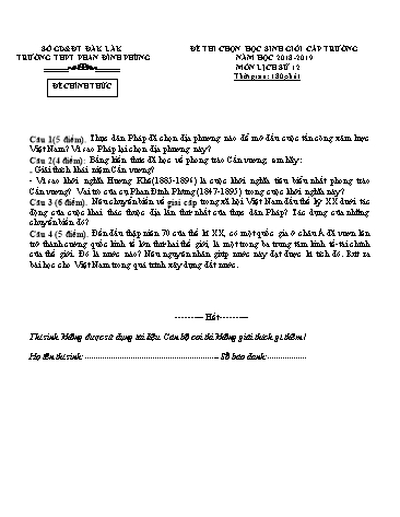 Đề thi chọn học sinh giỏi cấp trường môn Lịch sử 12 - Năm học 2018-2019 - Nguyễn Thị Bích Hạnh (Có đáp án)