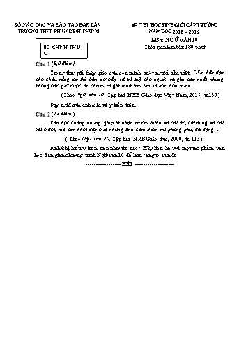 Đề thi chọn học sinh giỏi cấp trường môn Ngữ văn 10 - Năm học 2018-2019 - Trường THPT Phan Đình Phùng (Có đáp án)