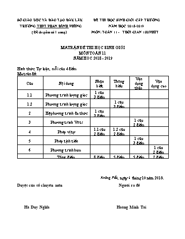 Đề thi chọn học sinh giỏi cấp trường môn Toán 11 - Năm học 2018-2019 - Hoàng Minh Tài (Có đáp án)