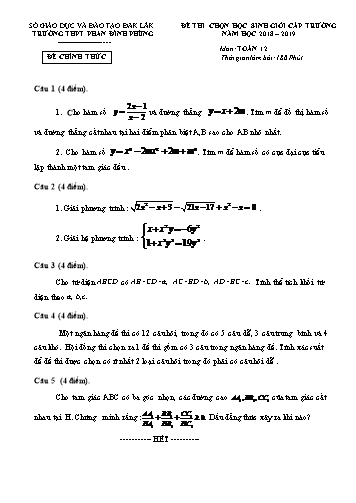 Đề thi chọn học sinh giỏi cấp trường môn Toán 12 - Năm học 2018-2019 - Trường THPT Phan Đình Phùng (Có đáp án)