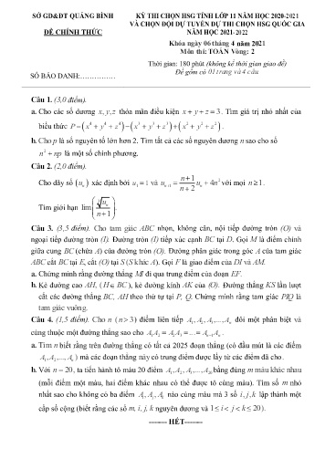 Đề thi chọn HSG tỉnh và đội tuyển dự thi HSG quốc gia môn Toán 11 (Vòng 2) - Năm học 2021-2022 - Sở GD&ĐT Quảng Bình (Có đáp án)