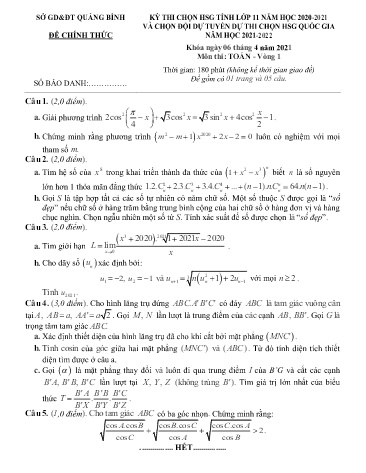 Đề thi chọn HSG tỉnh và đội tuyển dự thi HSG quốc gia môn Toán 11 (Vòng 1) - Năm học 2021-2022 - Sở GD&ĐT Quảng Bình (Có đáp án)