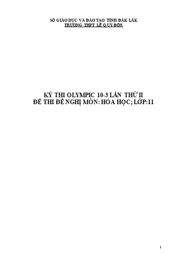 Đề thi Hóa học Lớp 11 - Kỳ thi Olympic 10-3 lần thứ II - Trường THPT Lê Quý Đôn (Có đáp án)