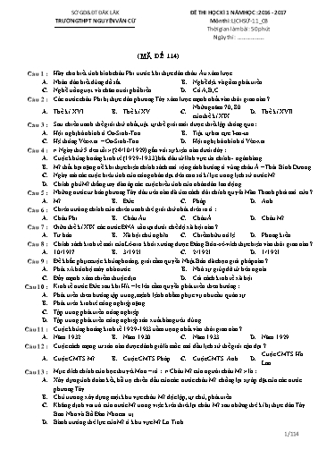 Đề thi học kì 1 môn Lịch sử 11 (CB) - Mã đề 114 - Năm học 2016-2017 - Trường THPT Nguyễn Văn Cừ (Có ma trận và đáp án kèm theo)
