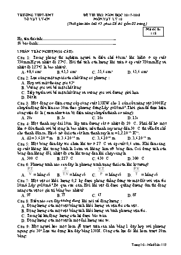 Đề thi học kì 2 môn Vật lý 10 - Mã đề 115 - Năm học 2017-2018 - Trường THPT Buôn Ma Thuột (Kèm đáp án)