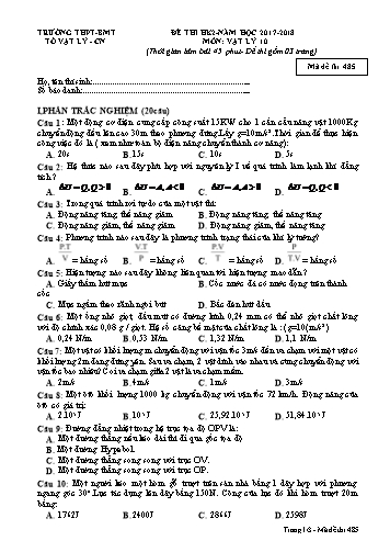 Đề thi học kì 2 môn Vật lý 10 - Mã đề 485 - Năm học 2017-2018 - Trường THPT Buôn Ma Thuột (Kèm đáp án)