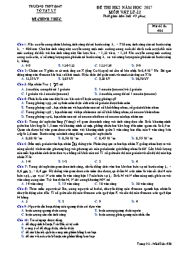 Đề thi học kì 2 năm 2017 môn Vật lý 12 - Mã đề 456 - Trường THPT Buôn Ma Thuột (Kèm đáp án)