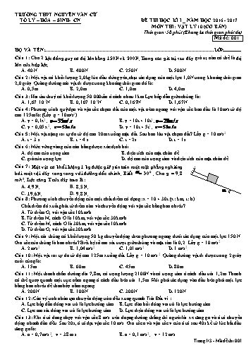 Đề thi học kì I môn Vật lý 10 (Cơ bản) - Mã đề 001 - Năm học 2016-2017 - Trường THPT Nguyễn Văn Cừ (Kèm đáp án)