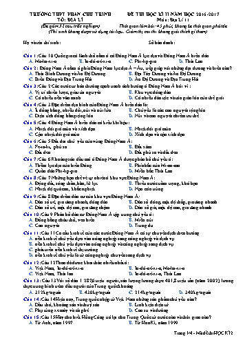 Đề thi học kì II môn Địa lí 11 - Năm học 2016-2017 - Trường THPT Phan Chu Trinh (Có đáp án)