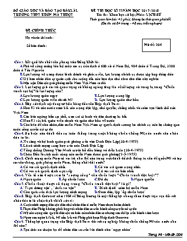Đề thi học kì II môn Lịch sử 12 - Mã đề 204 - Năm học 2017-2018 - Trường THPT Buôn Ma Thuột