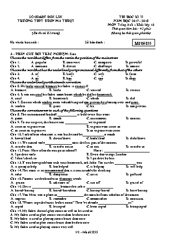 Đề thi học kì II môn Tiếng Anh 10 - Mã đề 855 - Năm học 2017-2018 - Trường THPT Buôn Ma Thuột (Kèm đáp án)