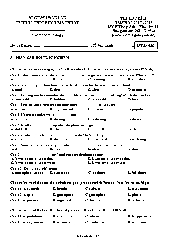 Đề thi học kì II môn Tiếng Anh 11 - Mã đề 546 - Năm học 2017-2018 - Trường THPT Buôn Ma Thuột (Kèm đáp án)