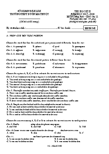 Đề thi học kì II môn Tiếng Anh 11 - Mã đề 548 - Năm học 2017-2018 - Trường THPT Buôn Ma Thuột (Kèm đáp án)