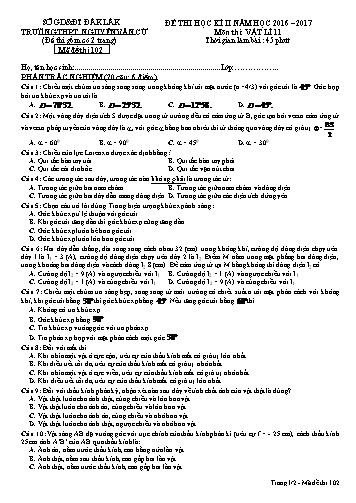 Đề thi học kì II môn Vật lí 11 - Mã đề 102 - Năm học 2016-2017 - Trường THPT Nguyễn Văn Cừ (Kèm đáp án)
