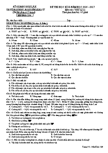Đề thi học kì II môn Vật lí 11 - Mã đề 104 - Năm học 2016-2017 - Trường THPT Nguyễn Văn Cừ (Kèm đáp án)