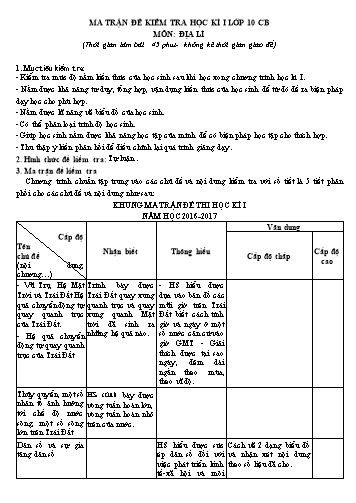 Đề thi học kỳ I môn Địa lí 10 (Ban cơ bản) - Năm học 2016-2017 - Trường THPT Phan Đăng Lưu (Có đáp án)