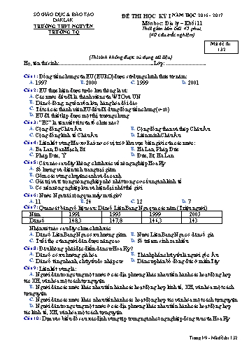 Đề thi học kỳ I môn Địa lý 11 - Mã đề 132 - Năm học 2016-2017 - Trường THPT Nguyễn Trường Tộ (Có đáp án)