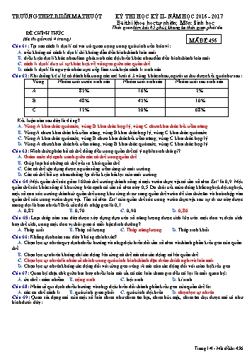 Đề thi học kỳ II môn Sinh học 12 - Mã đề 456 - Năm học 2016-2017 - Trường THPT Buôn Ma Thuột (Kèm đáp án)