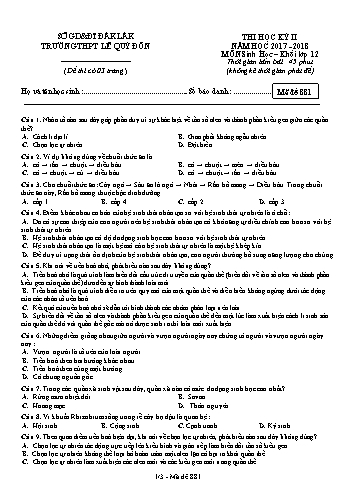 Đề thi học kỳ II môn Sinh học 12 - Mã đề 881 - Năm học 2017-2018 - Trường THPT Lê Quý Đôn (Kèm đáp án)