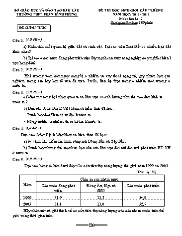 Đề thi học sinh giỏi cấp trường môn Địa lí 12 - Năm học 2018-2019 - Trường THPT Phan Đình Phùng (Kèm đáp án)