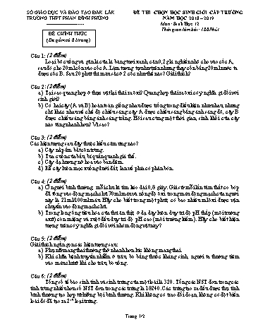 Đề thi học sinh giỏi cấp trường môn Sinh học 12 - Năm học 2018-2019 - Trường THPT Phan Đình Phùng (Có đáp án)