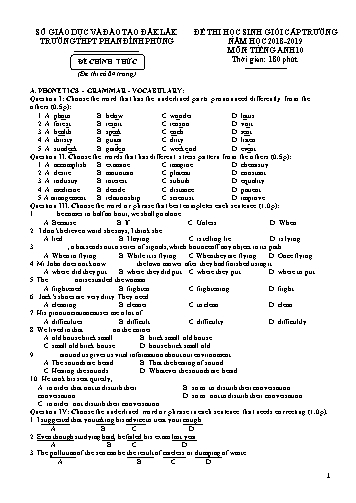 Đề thi học sinh giỏi cấp trường môn Tiếng Anh 10 - Năm học 2018-2019 - Trường THPT Phan Đình Phùng (Có đáp án)