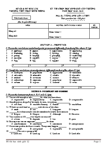 Đề thi học sinh giỏi cấp trường môn Tiếng Anh 12 - Năm học 2018-2019 - Trường THPT Phan Đình Phùng (Có đáp án)