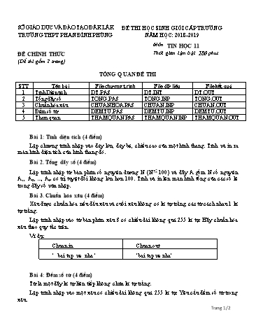 Đề thi học sinh giỏi cấp trường môn Tin học 11 - Năm học 2018-2019 - Trường THPT Phan Đình Phùng