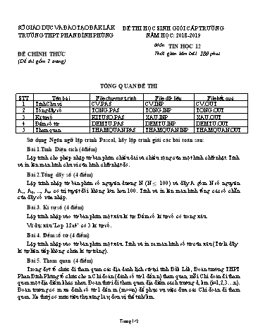 Đề thi học sinh giỏi cấp trường môn Tin học 12 - Năm học 2018-2019 - Trường THPT Phan Đình Phùng