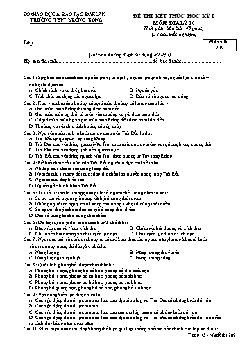 Đề thi kết thúc học kỳ I môn Địa lý 10 - Mã đề 209 - Trường THPT Krông Bông (Kèm đáp án)