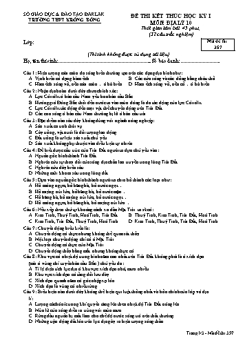 Đề thi kết thúc học kỳ I môn Địa lý 10 - Mã đề 357 - Trường THPT Krông Bông (Kèm đáp án)