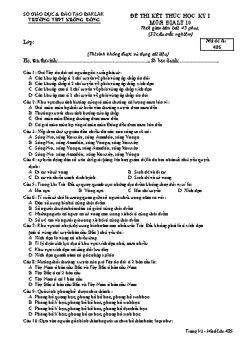 Đề thi kết thúc học kỳ I môn Địa lý 10 - Mã đề 485 - Trường THPT Krông Bông (Kèm đáp án)
