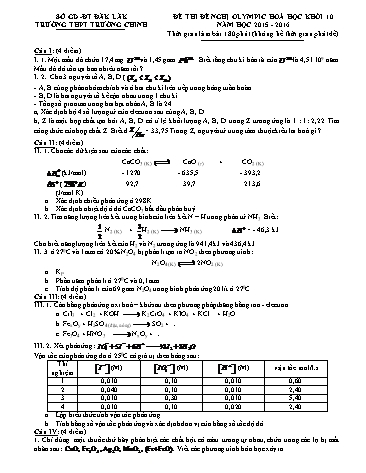 Đề thi Olympic Hóa học Khối 10 - Năm học 2015-2016 - Trường THPT Trường Chinh (Có đáp án)