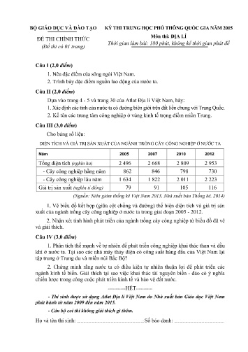 Đề thi THPT quốc gia năm 2015 môn Địa lí (Kèm đáp án)