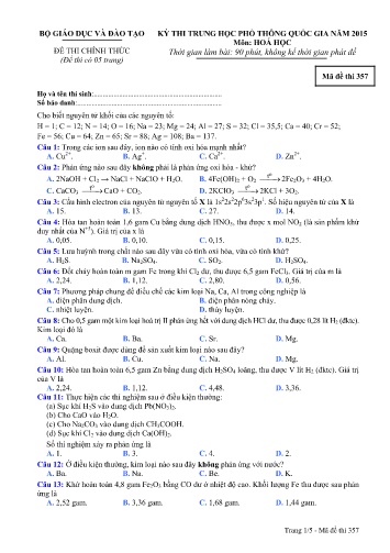 Đề thi THPT quốc gia năm 2015 môn Hóa học - Mã đề 357 (Kèm đáp án)