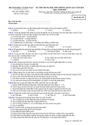 Đề thi THPT quốc gia năm 2015 môn Sinh học - Mã đề 159 (Kèm đáp án)