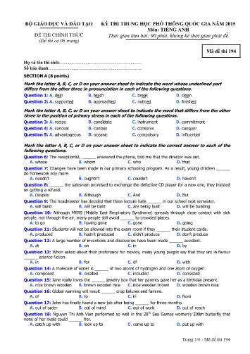 Đề thi THPT quốc gia năm 2015 môn Tiếng Anh - Mã đề 194 (Kèm đáp án)