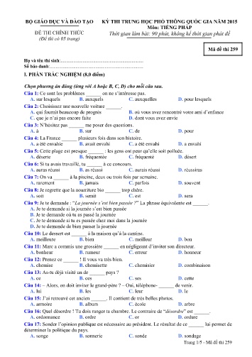 Đề thi THPT quốc gia năm 2015 môn Tiếng Pháp - Mã đề 259 (Kèm đáp án)