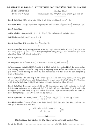 Đề thi THPT quốc gia năm 2015 môn Toán (Kèm đáp án)