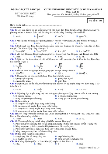 Đề thi THPT quốc gia năm 2015 môn Vật lí - Mã đề 138 (Kèm đáp án)