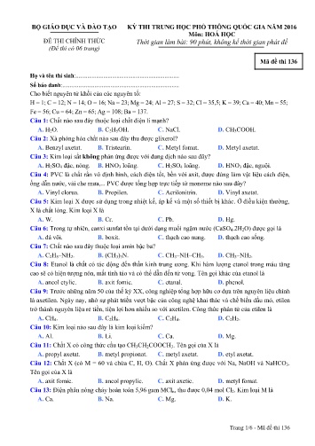 Đề thi THPT quốc gia năm 2016 môn Hóa học - Mã đề 136 (Kèm đáp án)
